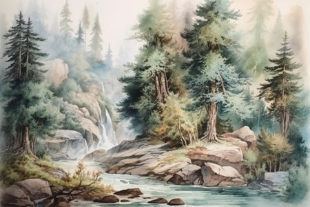 landscape with pine forest and waterfall, stones
, watercolor style, Generative AIの素材