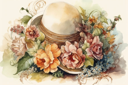 Women's summer hat and flowers, watercolor painting , Generative AIの素材