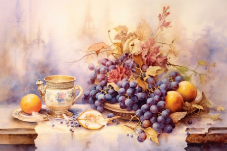 still life with grapes and fruits, antique dishes, illustration
, watercolor style, Generative AIの素材