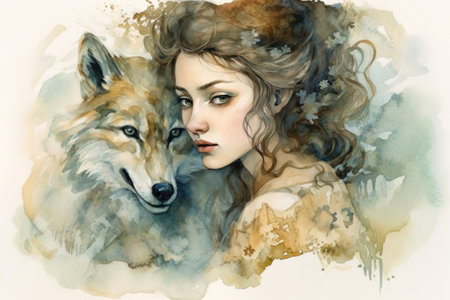 girl with wolf portrait, illustration
, watercolor style, Generative AIの素材