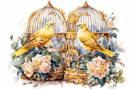canaries in cage illustration
, watercolor style, Generative AIの素材