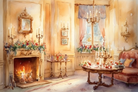 room with many candles and fireplace, illustration
, watercolor style, Generative AIの素材