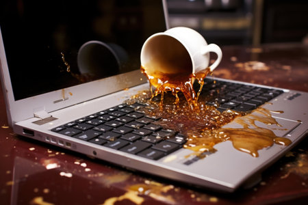 a drink spilled on a laptop from a cup, an overturned cup,
  Generative AIの素材