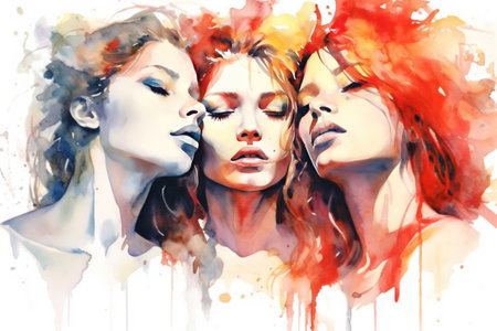 Three women - white, black, scarlet on a white background
  watercolor style, Generative AIの素材