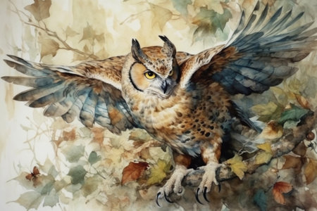 flying owl, watercolor, illustration
, watercolor style, Generative AIの素材