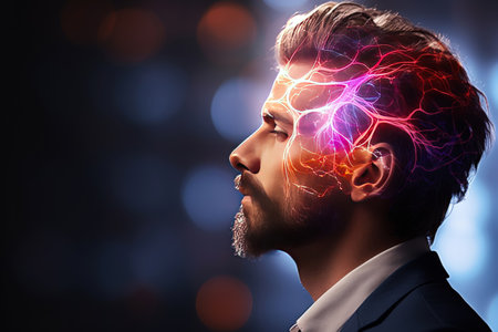 Close up portrait of a man from the side in profile during the thought process. The concept of intelligence, brain work, copy space,
    Generative AIの素材