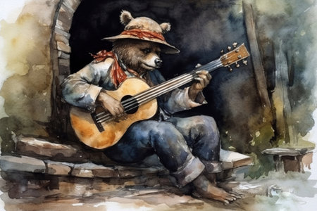 bear with guitar, watercolor, illustration
, watercolor style, Generative AIの素材