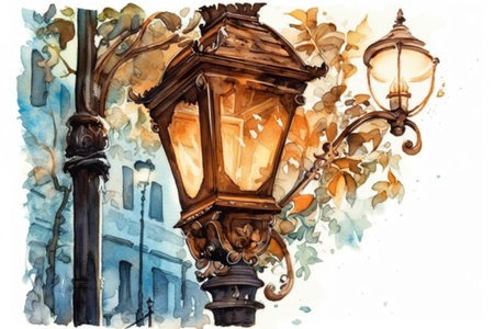 evening city and beautiful old lanterns on the street, illustration
, watercolor style, Generative AIの素材