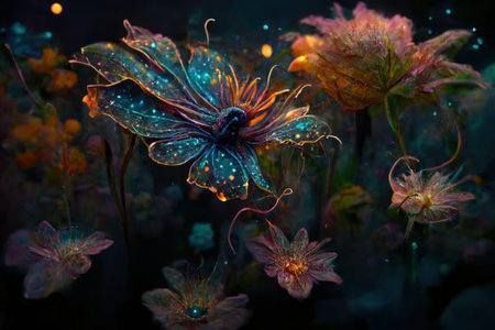 glow beautiful flowers on dark background. Generative AIの素材
