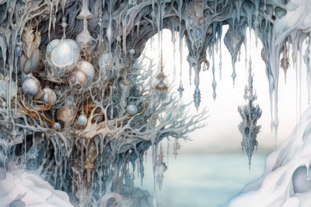 Winter landscape with frozen lake and icicles. 3d illustration.の素材