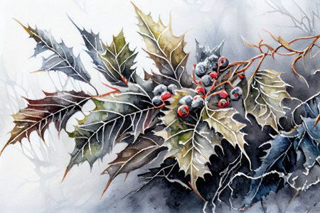 Watercolor painting of holly leaves and berries on white background.の素材