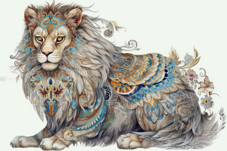 Lion with floral ornament. Fantasy animal. Hand drawn illustration.の素材
