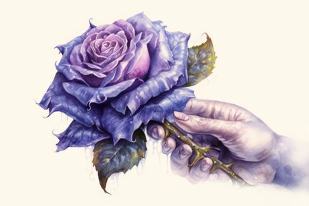 Hand with purple rose on white background. Photo in old color image styleの素材