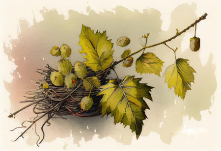 Vintage still life with a bird's nest, grapes and leavesの素材