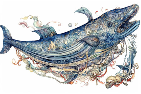 A whale with a sailing ship on its back swims, watercolor painting , Generative AIの素材