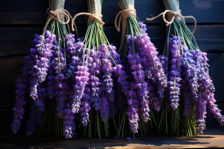 Bouquet of lavender flowers on wooden background, closeupの素材