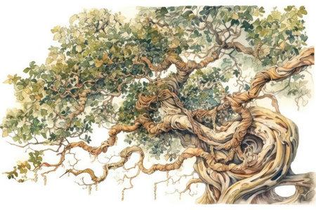 Watercolor illustration of a big tree in the forest. Vintage style.の素材