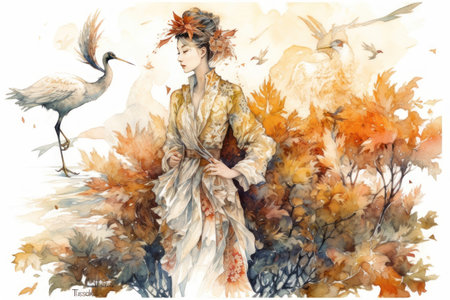 Beautiful young woman with a wreath of autumn leaves and cranesの素材