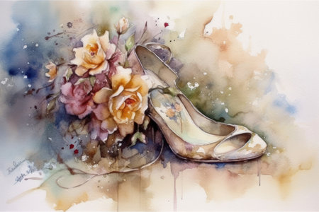 Watercolor painting of a pair of high heel shoes with flowers.の素材