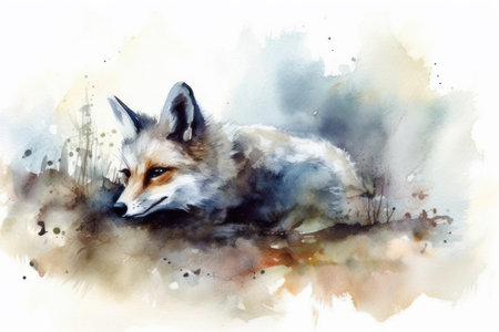 Watercolor painting of a wild fox in a meadow at sunsetの素材