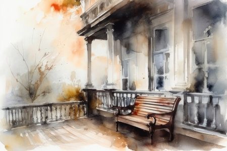 Watercolor sketch of a bench in the old townの素材
