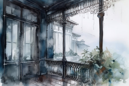 Old house in the fog. Digital watercolor painting, illustration.の素材