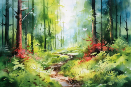 Beautiful forest landscape. Watercolor painting, hand drawn illustration.の素材