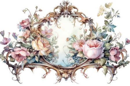 Vintage baroque frame with flowers. Watercolor hand drawn illustrationの素材