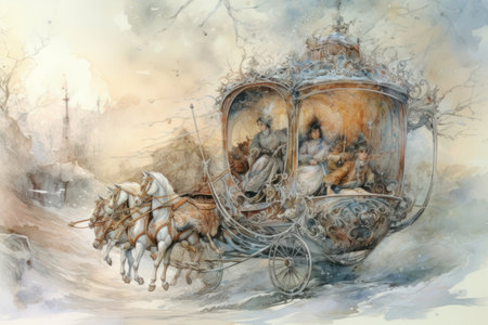 Horse-drawn carriage in the winter forest. Digital watercolor paintingの素材