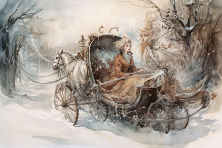 Winter fairy tale with two women in a carriage. Digital painting.の素材