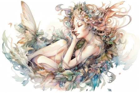 Watercolor illustration of a beautiful fairy girl with wings and flowers.の素材