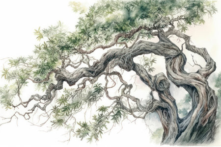 Watercolor illustration of an old oak tree. Hand drawn illustration.の素材