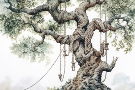 Watercolor painting of a tree with ropes hanging on it, in a park.の素材