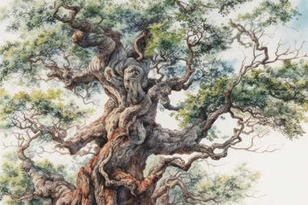 Old oak tree in the park. Watercolor painting. Illustration.の素材