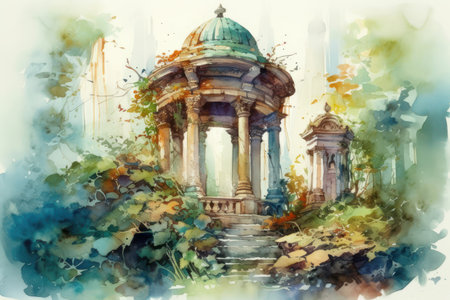 Watercolor illustration of a gazebo in the park.の素材