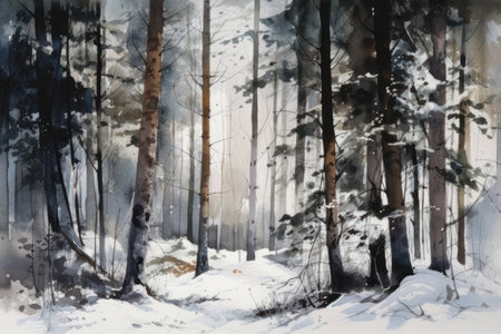 Winter forest. Winter landscape. Watercolor painting. Illustration.の素材