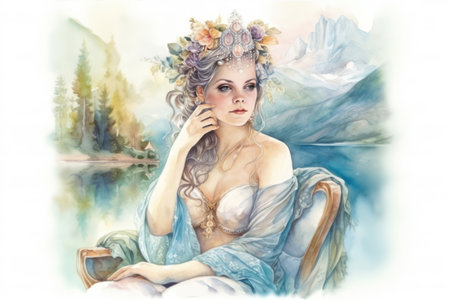 Beautiful girl with a wreath of flowers on her head. Watercolor paintingの素材