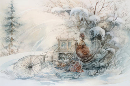 Horse-drawn carriage in the winter forest. Watercolor painting.の素材