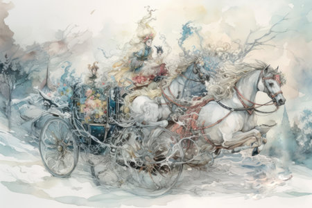 Horse-drawn carriage in the winter forest. Watercolor painting.の素材