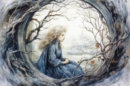 The image of a beautiful girl in a blue dress in a fairy forestの素材