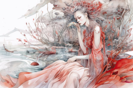 portrait of a beautiful girl in a red dress in the waterの素材