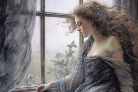 Beautiful young woman with curly hair in a gray shawl by the windowの素材