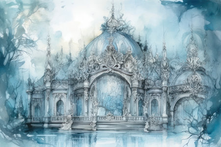 Watercolor painting of Wat Rong Khun, Chiang Rai, Thailandの素材
