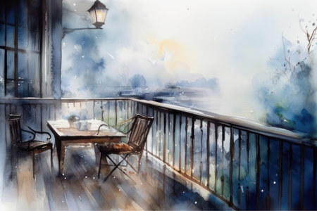 Watercolor painting of a terrace with a view of the cityの素材