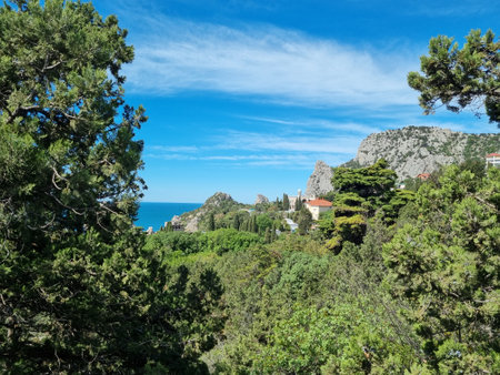 a picturesque landscape of Simeiz, a resort village on the southern coast of Crimea. In the foreground is the lush greenery of coniferous and deciduous trees. In the center of the frame stands out a building in the oriental architectural style with a minaret - probably part of a sanatorium or historical complex. In the background are majestic rock massifs, including the famous Mount Koshka and the Panea rock. In the distance, the bright blue Black Sea is visible, which adds depth to the composition. The atmosphere of the place conveys calm, freshness and a unique southern flavor.の写真素材