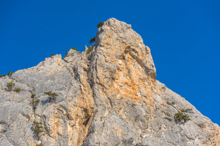 a powerful and majestic rock with sharp, expressive shapes, rushing upward against the bright blue sky. The rock massif consists of light gray limestone with veins of a warm ocher shade. In some places, rare pine trees grow on the cliff, giving the landscape a characteristic Crimean flavor. At the foot of the rock, the top of an electrical pylon is visible, which emphasizes the scale and height of the natural formation. A typical landscape of the southern coast of Crimea, ideal for themes of travel, nature, geology and active tourism.の写真素材