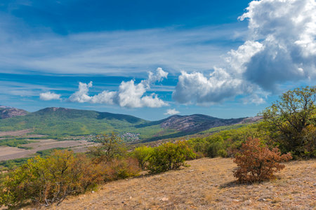 A picturesque view of a Crimean valley from a hill. In the foreground is a dry grassy plain with bushes and trees, the color of which hints at the onset of autumn. In the distance stretch green hills and mountains covered with forests, at the foot of which small villages are visible. The blue sky with light clouds emphasizes the space and natural beauty of the southern landscape. The scene is filled with a sense of calm, warmth and silence.の写真素材