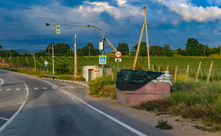 A rural road in Crimea, leading along well-tended vineyards in the evening light. On the side of the road there is a public transport stop and an air raid shelter, reinforced with sandbags and covered with a protective camouflage net. Nearby are road signs - a pedestrian crossing, a speed limit of 50 km/h and a CCTV sign. A rural cozy scene combines with elements of military training, reflecting the modern reality of the region.の写真素材