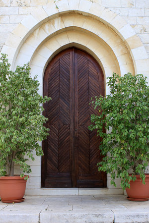 The door of Emmaus Nicopolis abbey, Israelの写真素材