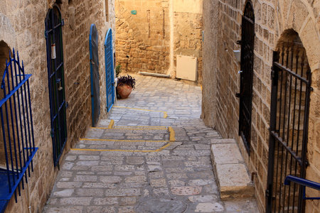 Narrow street in the ancient part of Jaffa, Israelの写真素材